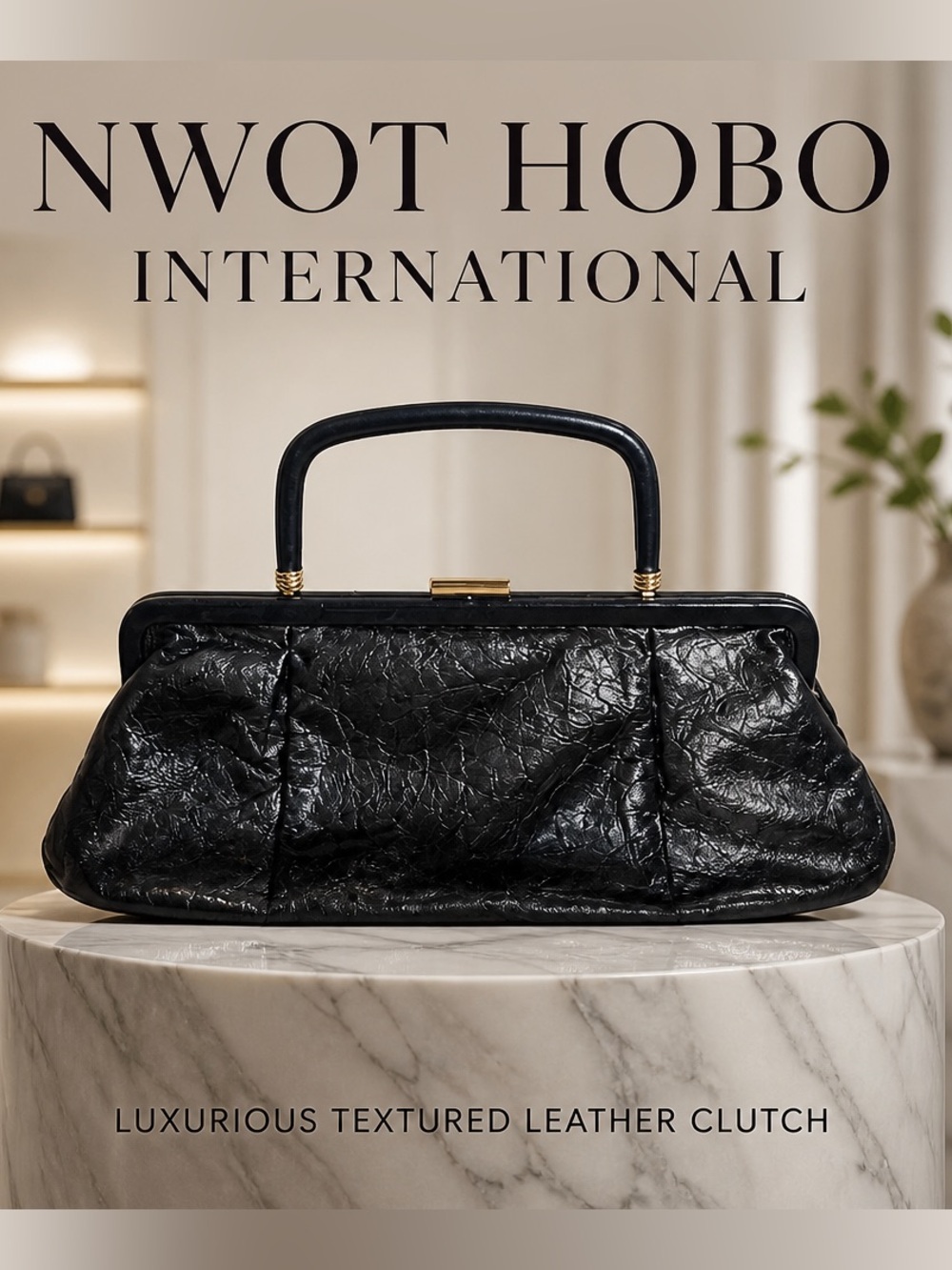 NWOT HOBO International Black Textured Leather Top-Handle Clutch w/ Gold Accent